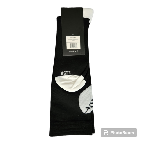 Lish Compression 15-25mmHg Knee High Socks Size L/XL Black/White Football Print - Picture 2 of 8